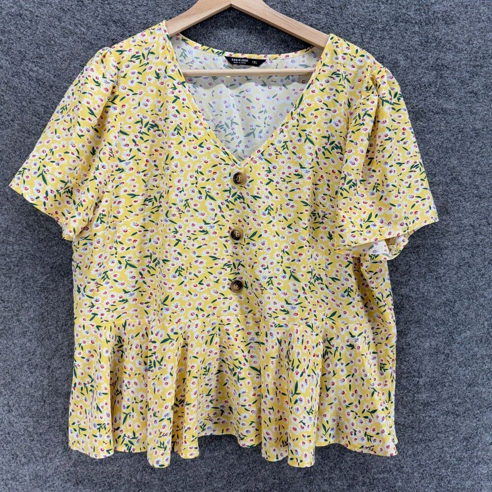 SheIn Blouse Women XL Yellow Floral V-Neck Short Sleeve Button Casual Comfort